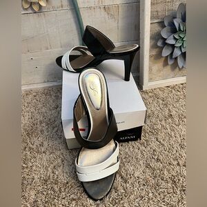 Black and White strappy slip ons heels